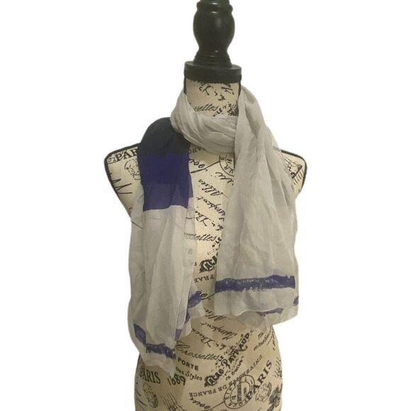 Blue Black White Wrap Around Scarf Good Condition. Chiffon Light Long Geometric - Picture 1 of 2
